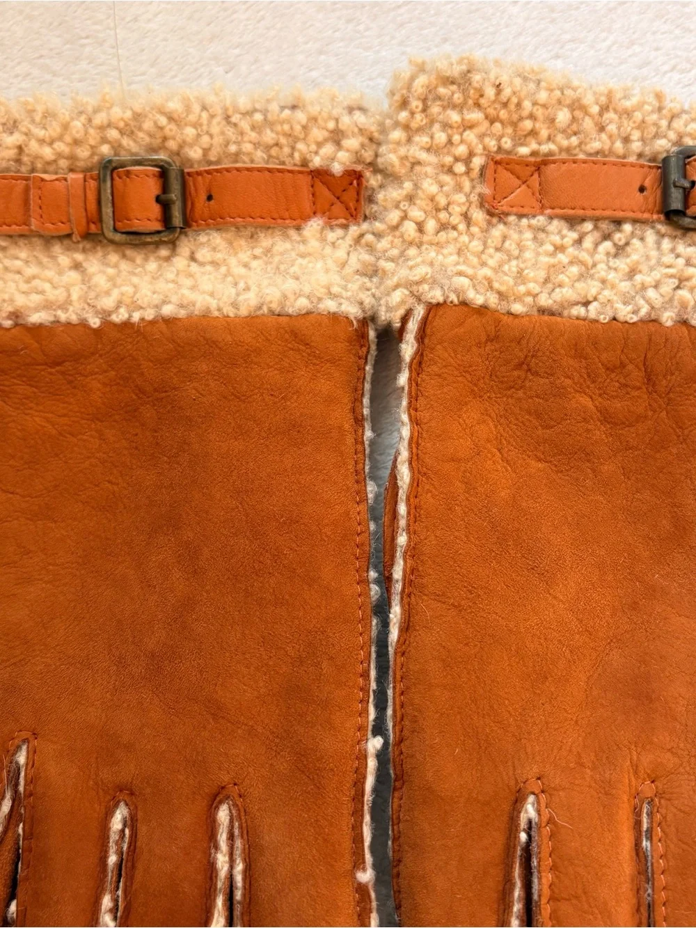 Nordstrom Tan Shearling-Lined & Trimmed Suede Gloves with Buckle Accent